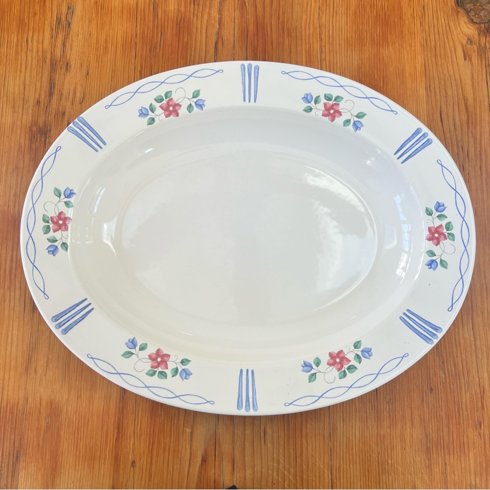Pfaltzgraff Stoneware Vtg Bonnie Brae Deep Serving Platter White Blue Floral